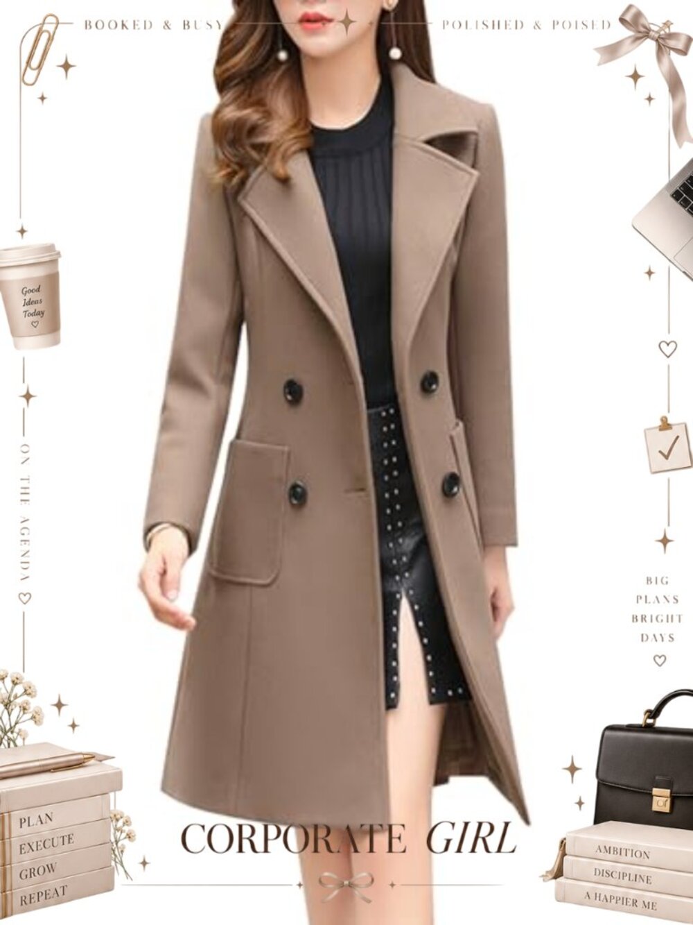 Notched Collar Double Breasted Wool Blend Overcoat Midi Pea Coat